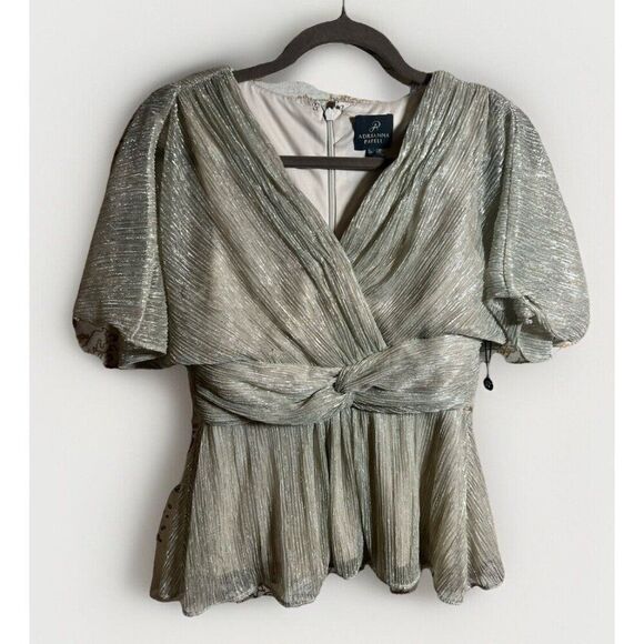 NWOT Women's ADRIANNA PAPELL Shiny Silver Front Twist Fairy Regency Top Size 4 - Picture 1 of 7